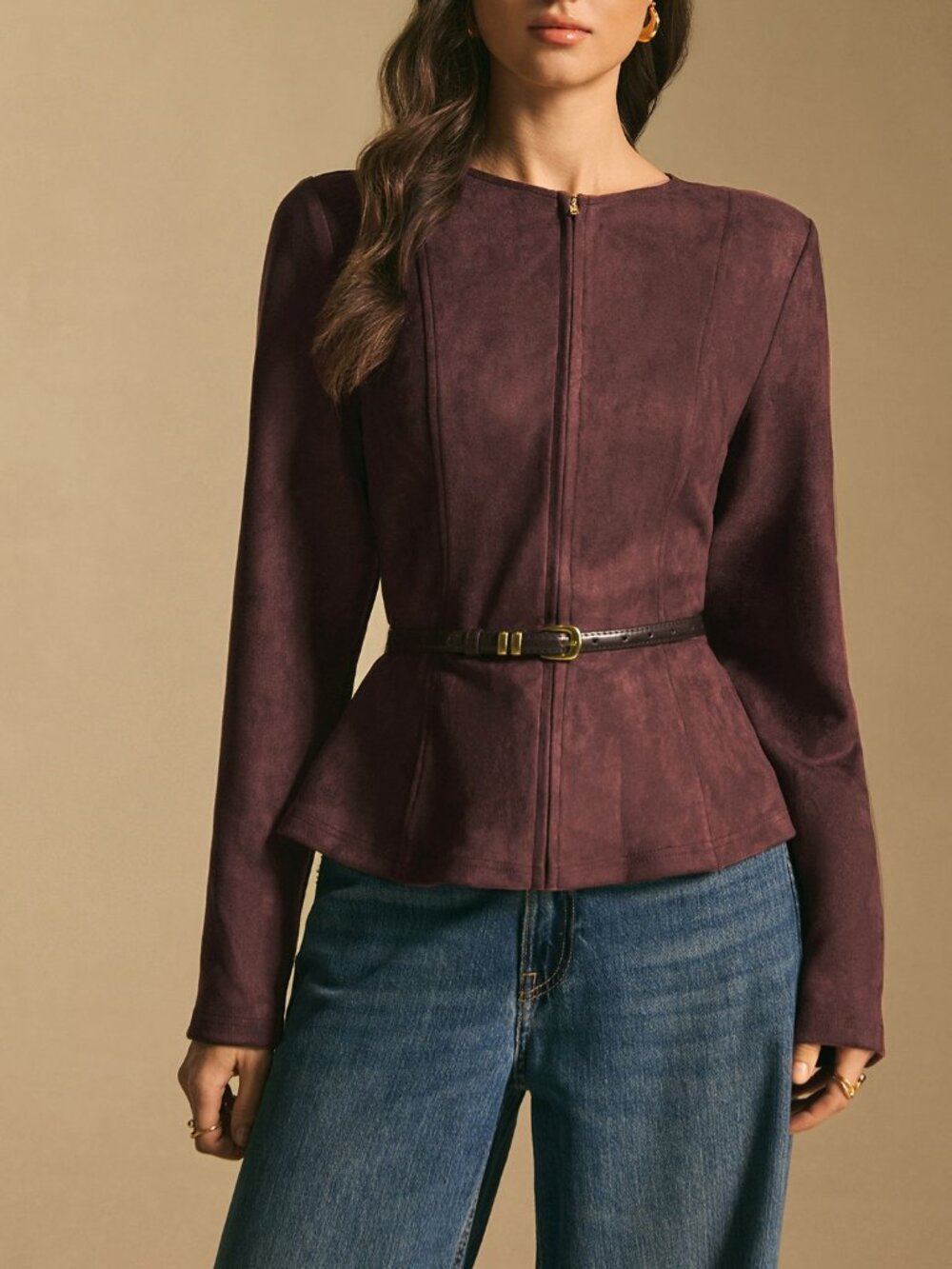 Burgundy Casual Women's Faux Suede Belted Zip-Front Flared Jacket